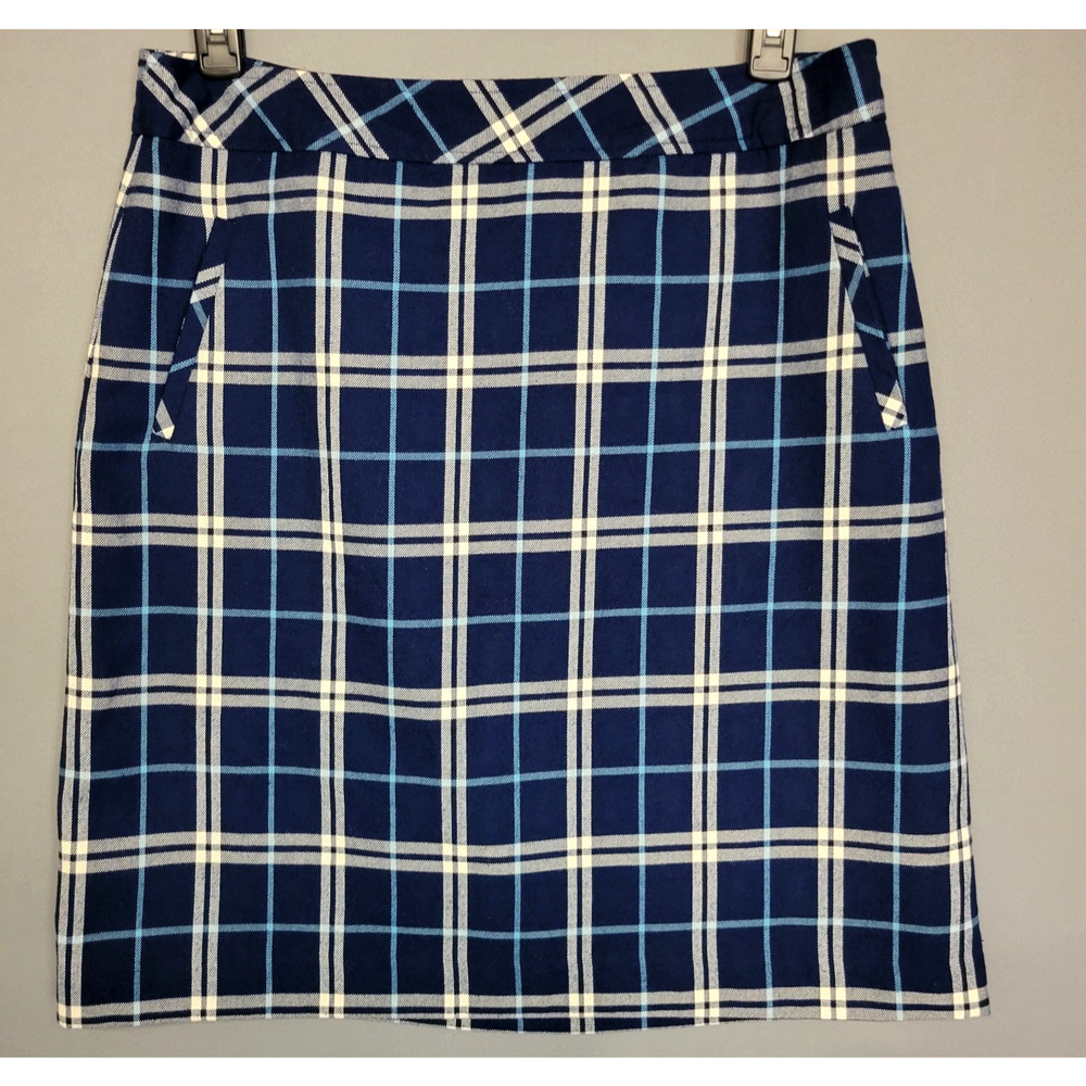 Laura Scott Pencil Straight Skirt Womens L Blue White Plaid Flannel Lined Pocket